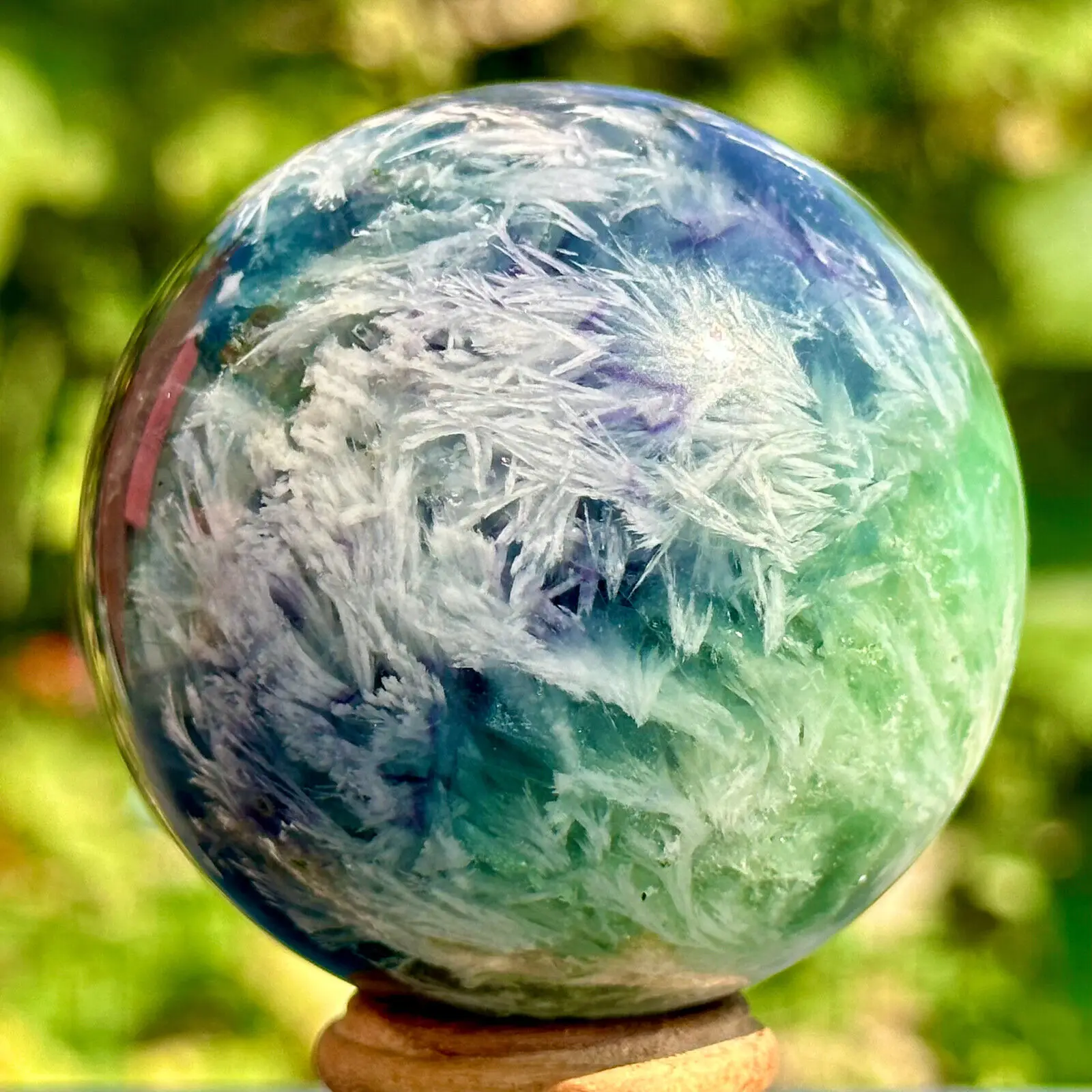 Rare Natural Snowflake Feather Fluorite Ball, Quartz Crystal Energy Healing Ball, Demagnetization Meditation Divination Ball