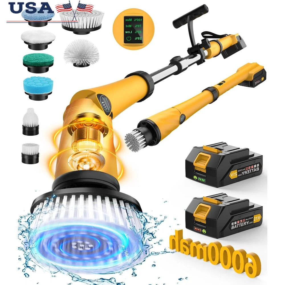 Electric Spin Scrubber Extra Large Brush Battery Power Cleaning IPX7 Waterproof Design 1200RPM Cordless Shower 8 Brushes