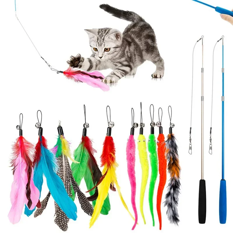 Interactive Cat Toys Funny Feather Teaser Stick with Bell Pets Collar Kitten Playing Teaser Wand Training Toys for Cats Supplies