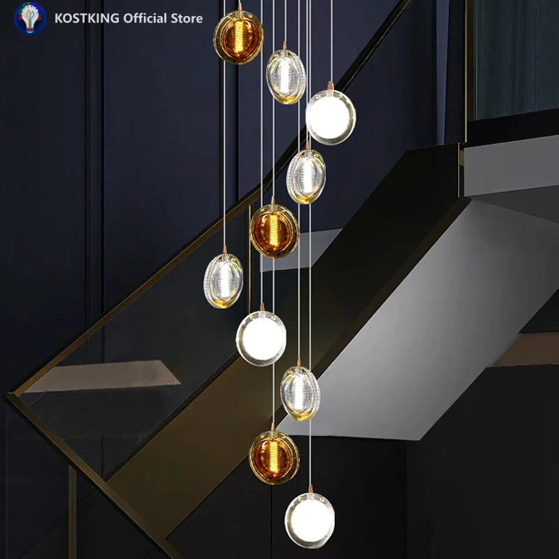 Crystal Staircase Pendant Light Modern Luxury Villa Duplex Building Bubble Sphere Minimalist Loft Apartment Long Pendant Light