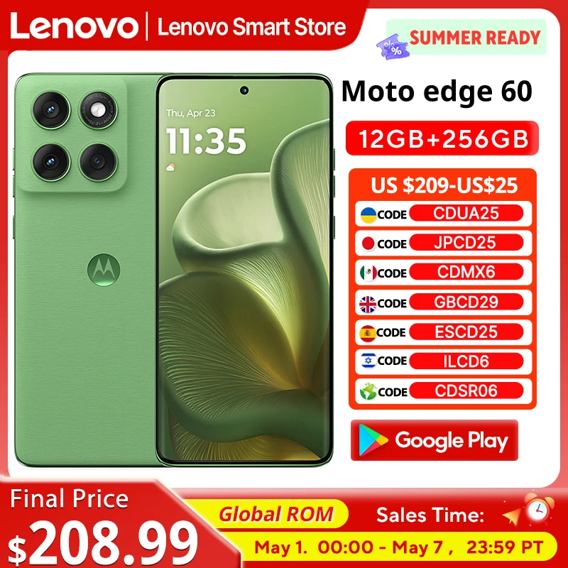 Оригинальный смартфон Motorola MOTO edge 60 5G Global ROM с 6,7-дюймовым 1.5K 120Гц pOLED-дисплеем, IP68, MediaTek Dimensity 7400.