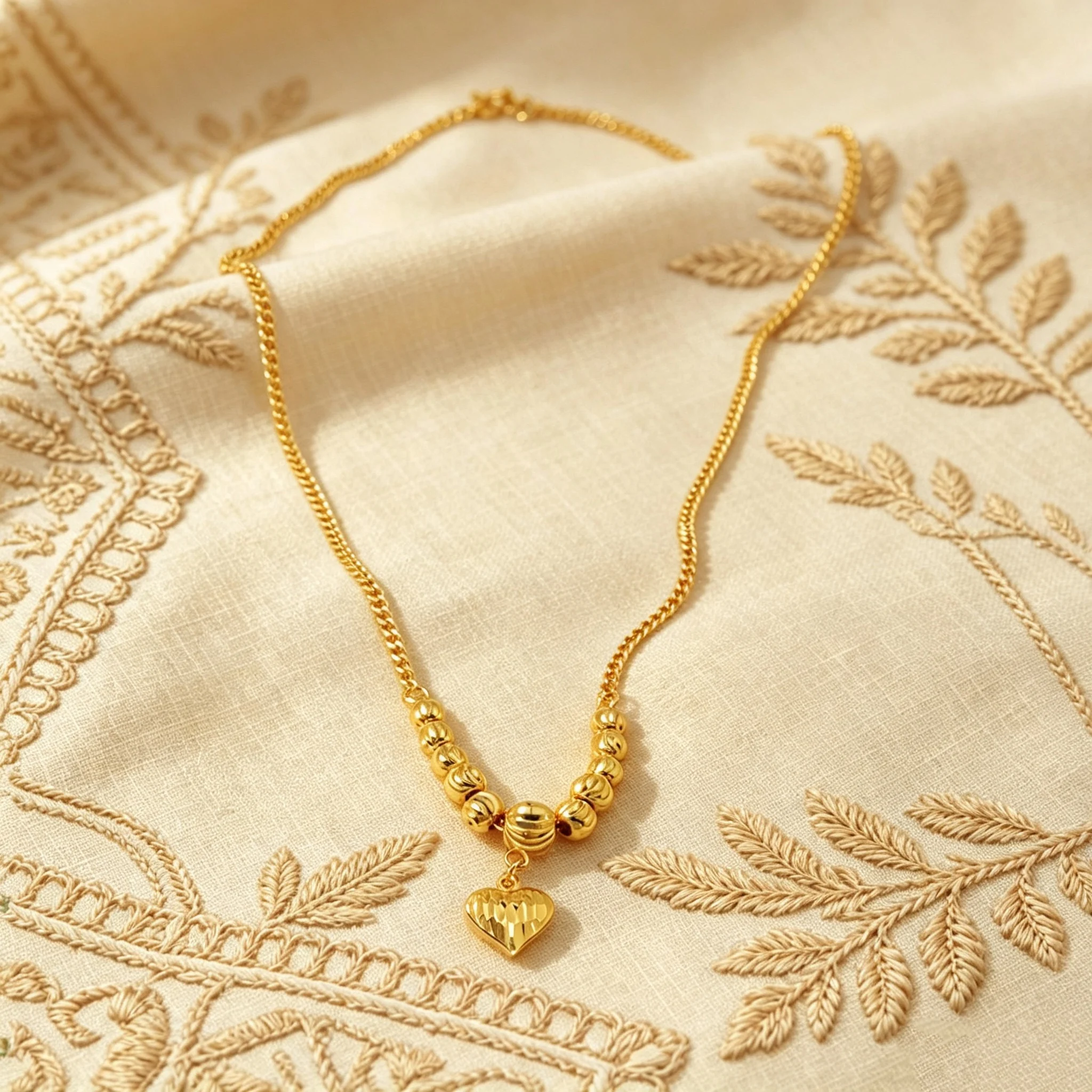 Vertical Striped Heart Pendant Gold Plated Necklace For Women Textured Round Bead Chain Elegant Alloy Jewelry Gift For Wedding