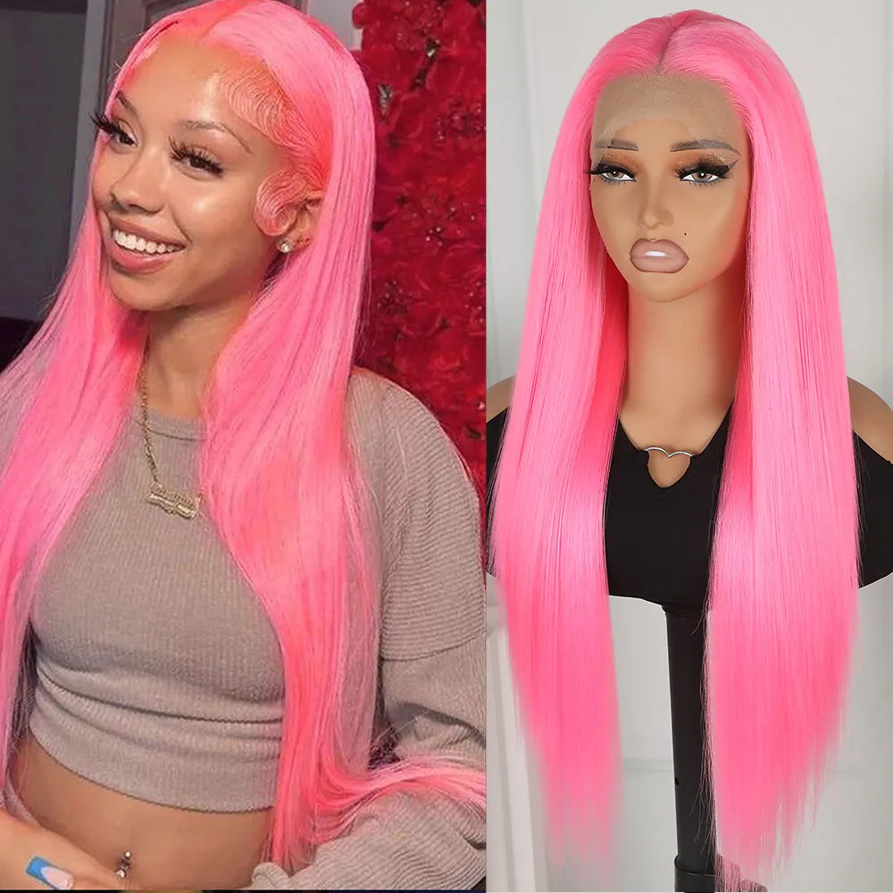 

Длинные шелковистые прямые парики пастельно-розового цвета с кружевной передней частью 13x4, с возможностью свободной укладки, из термостойкого синтетического волокна, без клея, для женщин, для вечеринок