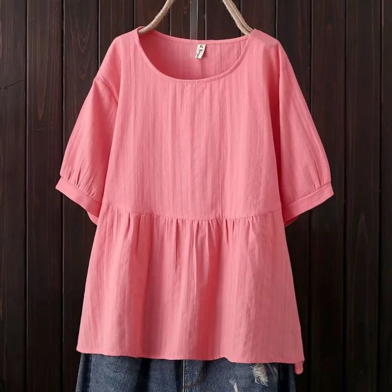 Blusa holgada de algodón para mujer, jersey de retales con cuello redondo, color liso, manga corta, informal, versátil, estilo coreano, novedad de verano, 2024