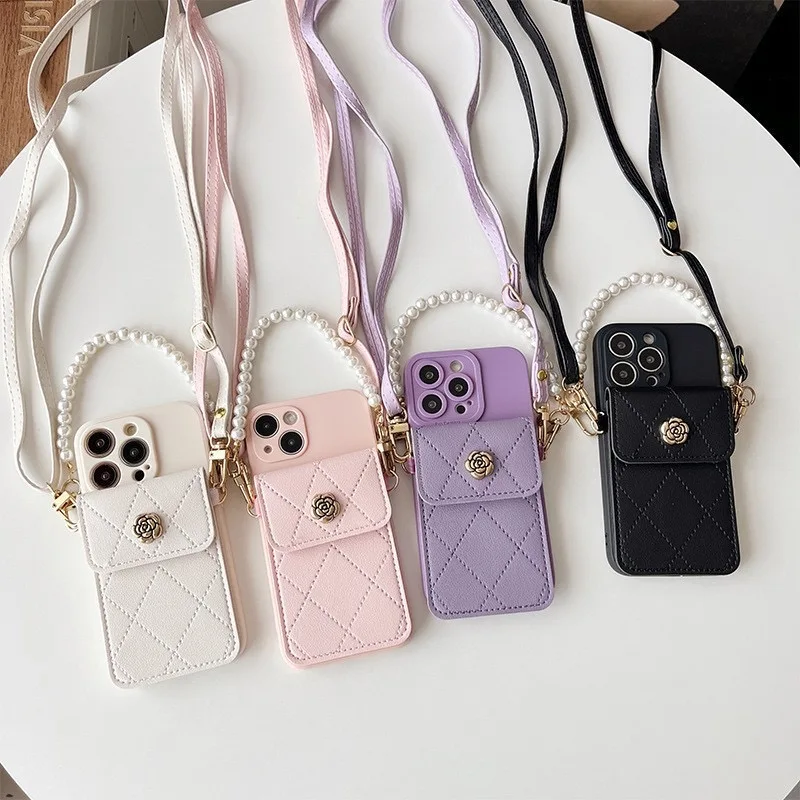 Pearl Strap Case For Xiaomi POCO F6 X6 NEO M6 Pro X5 F5 Redmi 14C 13C Mi 14T Wallet Card Flower Crossbody Cord Lanyard Bag Cover