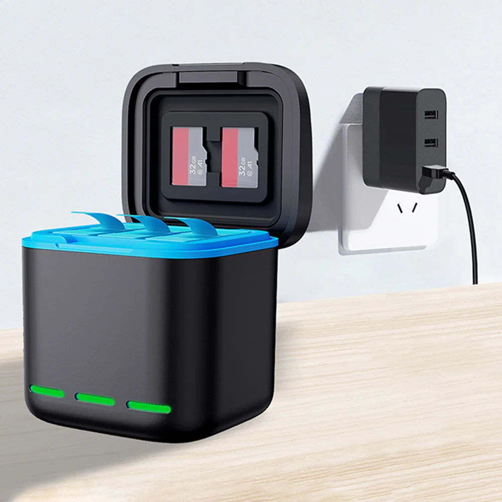C타입 케이블이 있는 3 채널 배터리 충전기 충전 스테이션, 고속 충전 충전기, Go Pro Hero 12 11 10/9 카메라 액세서리