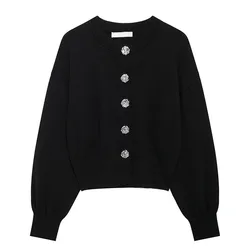 Plain Black Knitted Cardigan Sweater Coat Autumn Women Rose Shape Button Fashion Office Lady Knit Wear Streetwear Casual Tops