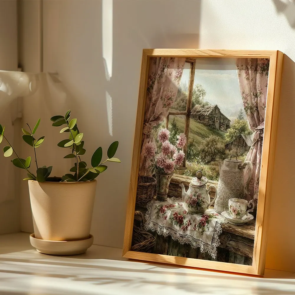 Vintage Rural Windowsill Teaware And Flowers Canvas Poster Wall Hanging, Wall Art For Living Room Bedroom, Pastoral Warm Home De