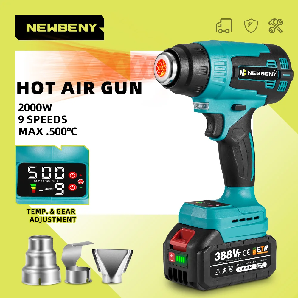 NEWBENY 500℃ Cordless Electric Hot Air Gun 9 Gears with LED Display Industrial Household Hair Dryer Tool For Makita 18V Battery