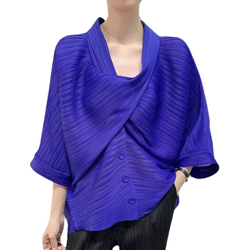 Miyake Pleated Irregular Lantern Sleeve Shirt 2023 Autumn Women Designer Korean Fashion Loose Scarf Collar Pullover T-shirt Tops