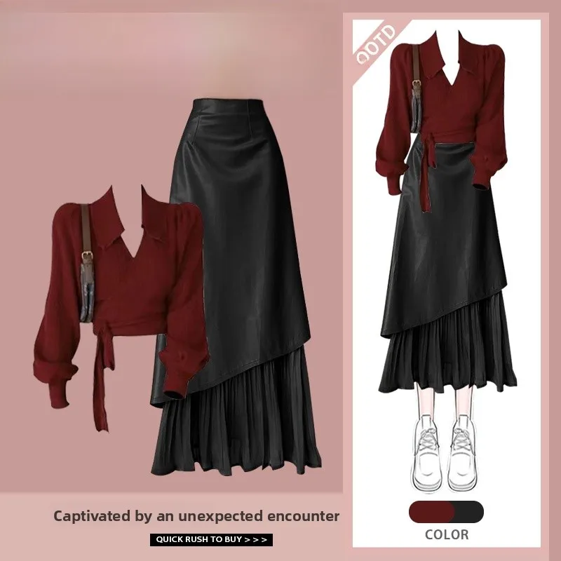 

Faionable Retro Hong Kong Sle Autumn Winter Two-Piece Set Women's Ele Bury Top Slimming f-length Skirt Ensemble
