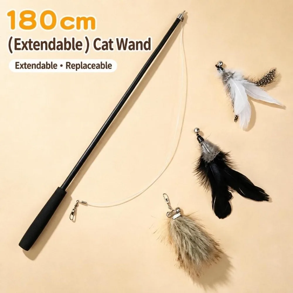 1.8m Extra Long Retractable Cat Wand 4-Section Telescopic with Detachable Feather Worm Refill Telescopic Cat Wand