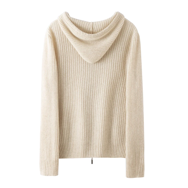 Autumn Winter 100% Merino Wool Sweater Soft Ribbed Women Drawstring Hooded Zip Knit Cardigan Free Shipping Women Clothes