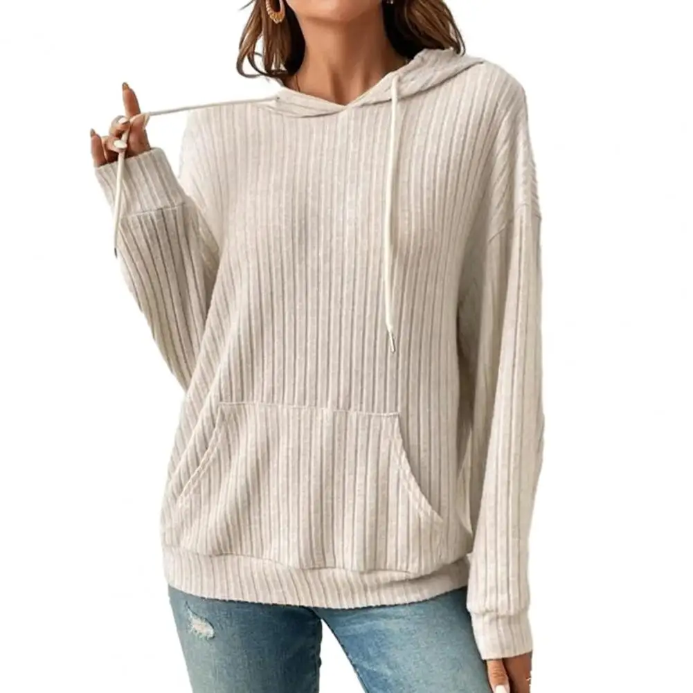 Hoodies Women Girl Striped Sweater Solid Color Long Sleeves Knitted Hoodie with Patch Pocket Loose Pullover Sweatshirts Autumn