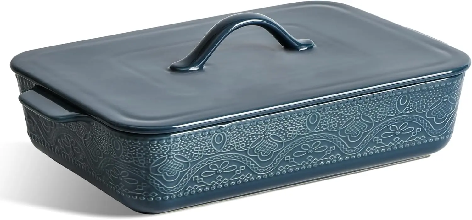 

Ceramic 9x13 Casserole Dish with Lid, Oven Safe, Large Baking Dish with Handles, Blue