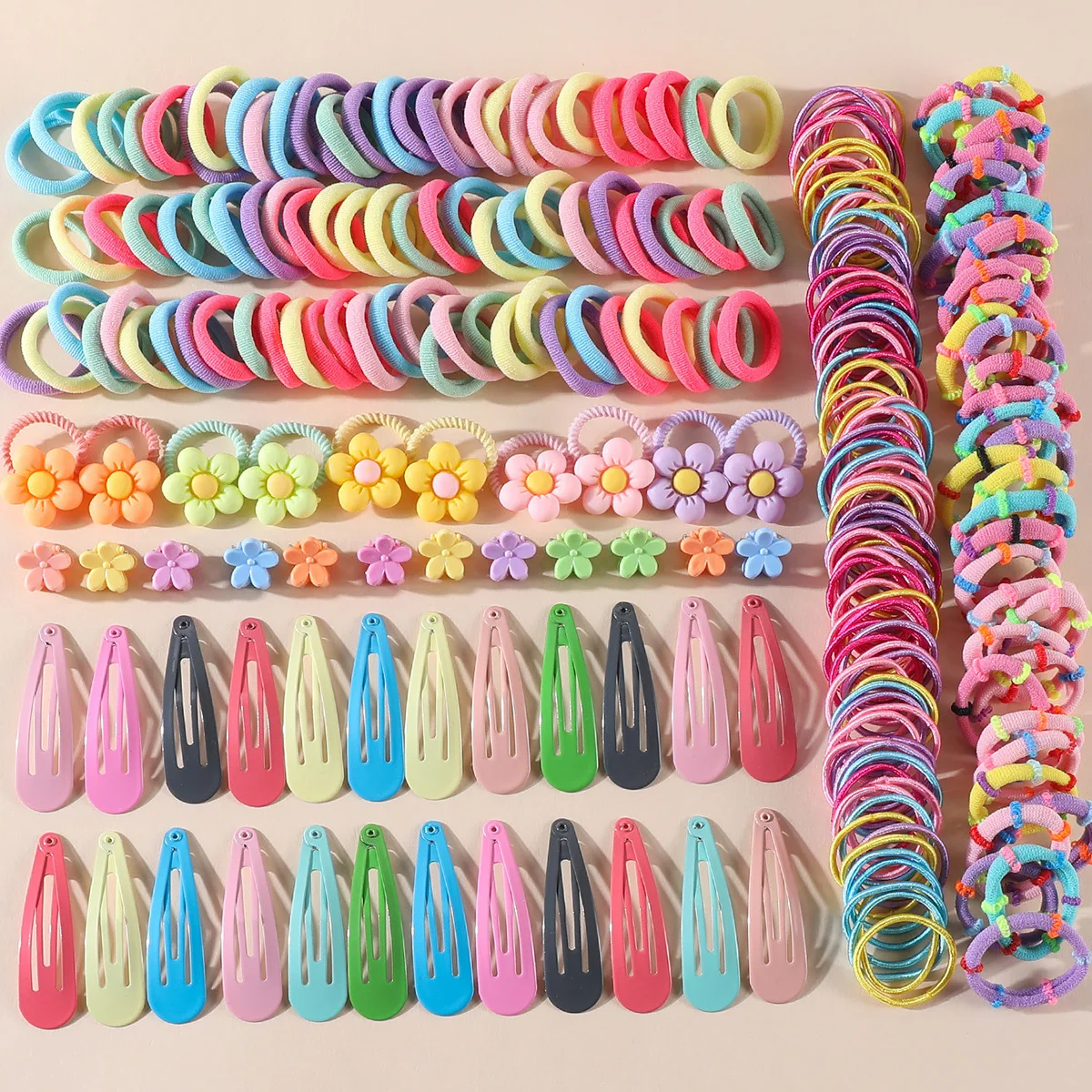 300Pcs Girls Hair Accessories Set Candy Colors Elastic Hair Ties Cute Flower Hairpins Children Ponytail Rubber Band BB Hair Clip