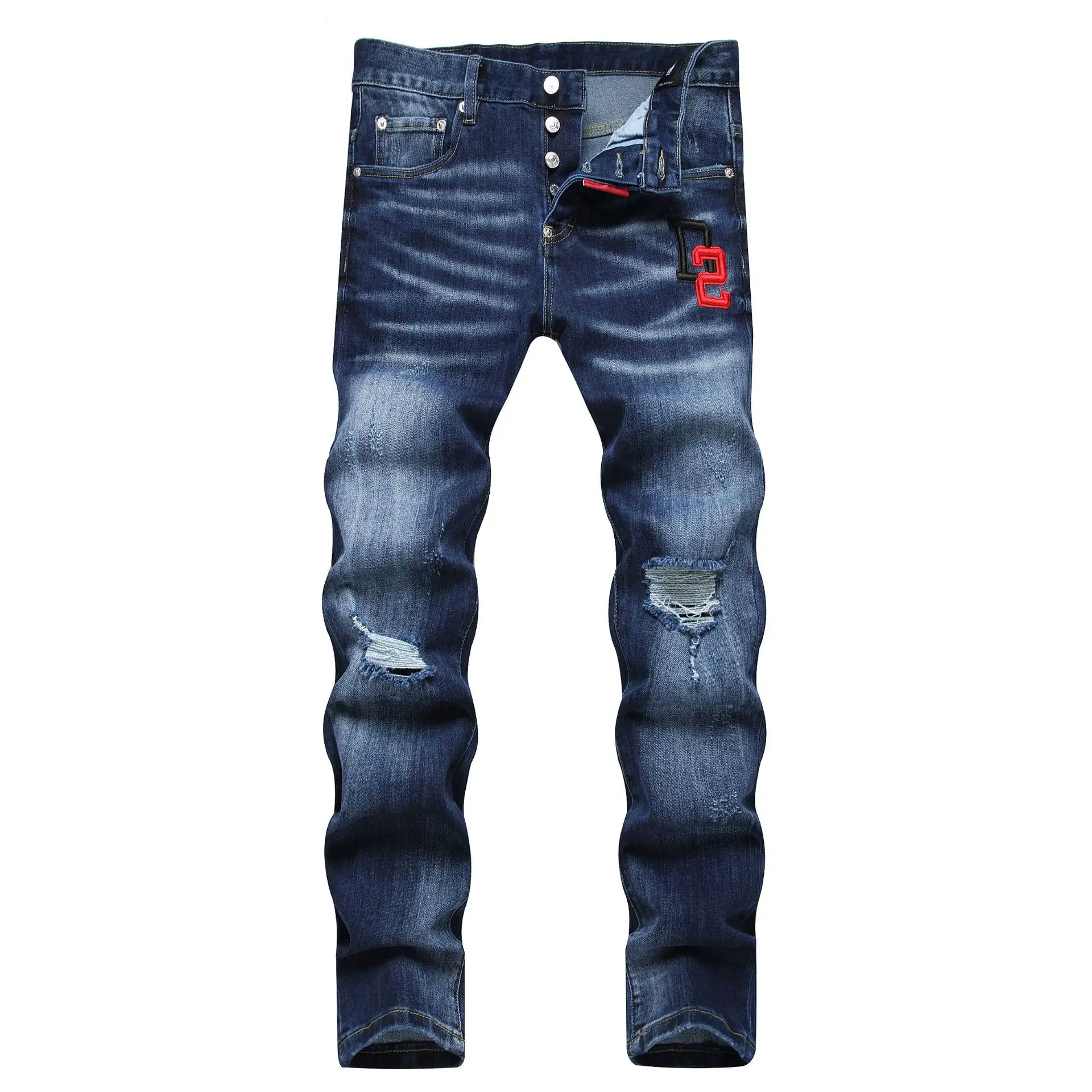 New D2 trendy brand fashionable street men's embroidered ripped jeans, daily slim fit small straight leg mid waist pants