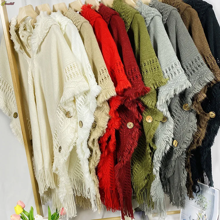 Women Button Shawl Bohemian Tassel Sweater Knit Sweater Pullover Hooded Cape Autumn Costume