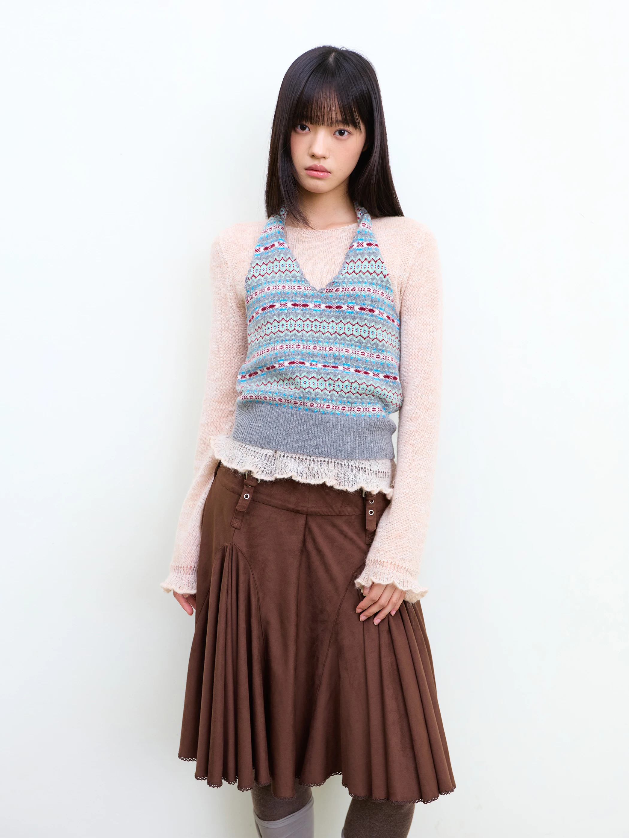 

NEVERSEEZ Wool Blend Knitwear V-Ne ort Sve Geometric Pattern Casual Sle Women's Inner Wear Island Sle Lace Trim