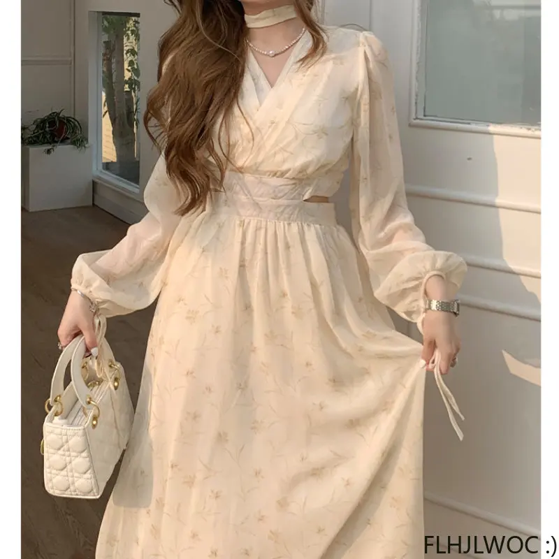 Korean Chic Dresses Elegant Temperament New 2023 Japan Girls A Line Cute Feminine Vestidos Hollow Out Long Retro Vintage Dress