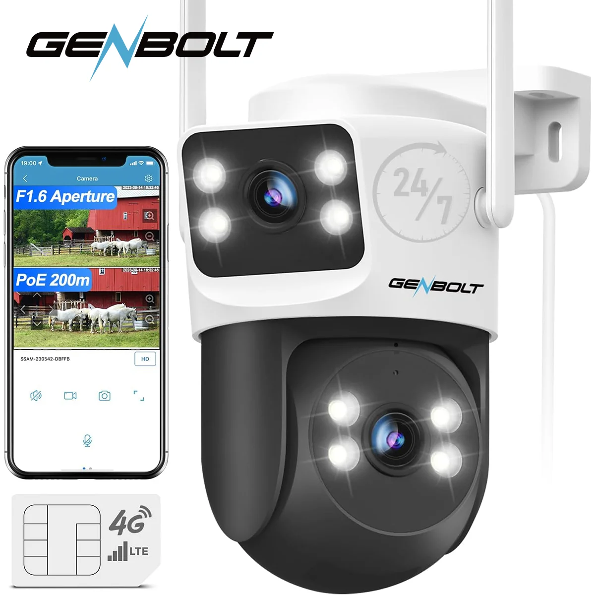 

GENBOLT 4G LTE камера видеонаблюдения с SIM-картой, двойной объектив, PoE, наружная IP-камера безопасности, обнаружение человека и автоматическое отслеживание