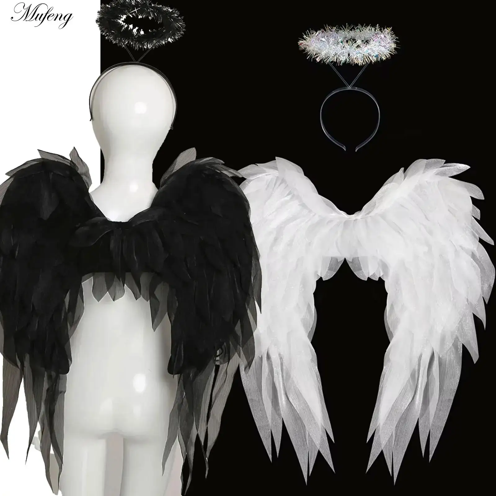 

Women Girl Realistic Feather Wings with Headband Halloween Eugene Yarn Angel Wing Costume Accessory Masquerade Party Photography