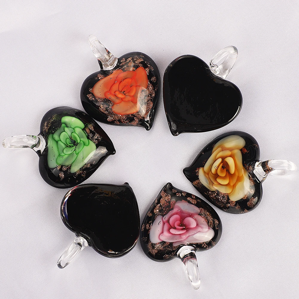 Qianbei Wholesale 6pcs Handmade Murano Lampwork Glass Mix Color Rose Flower Heart Pendant Fit Necklace Jewelry Gifts Women