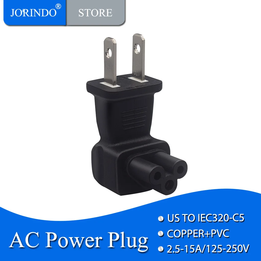 JORINDO 90 degrees US to C5 power plug power line adapter,right Angle American standard plug to IEC320 C5 plug converter