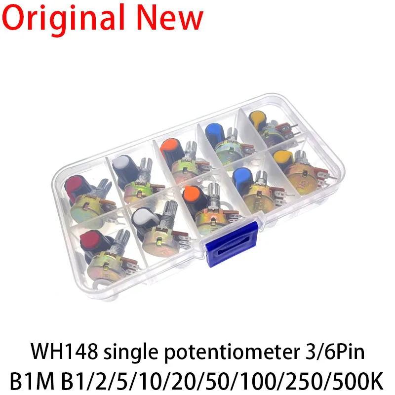 WH148 Potentiometer Kit B1K 2K 5K 10K 20K 50K 100K 250K 500K 1M 15mm Linear Taper Rotary Resistor Set 3/6pin With Cap