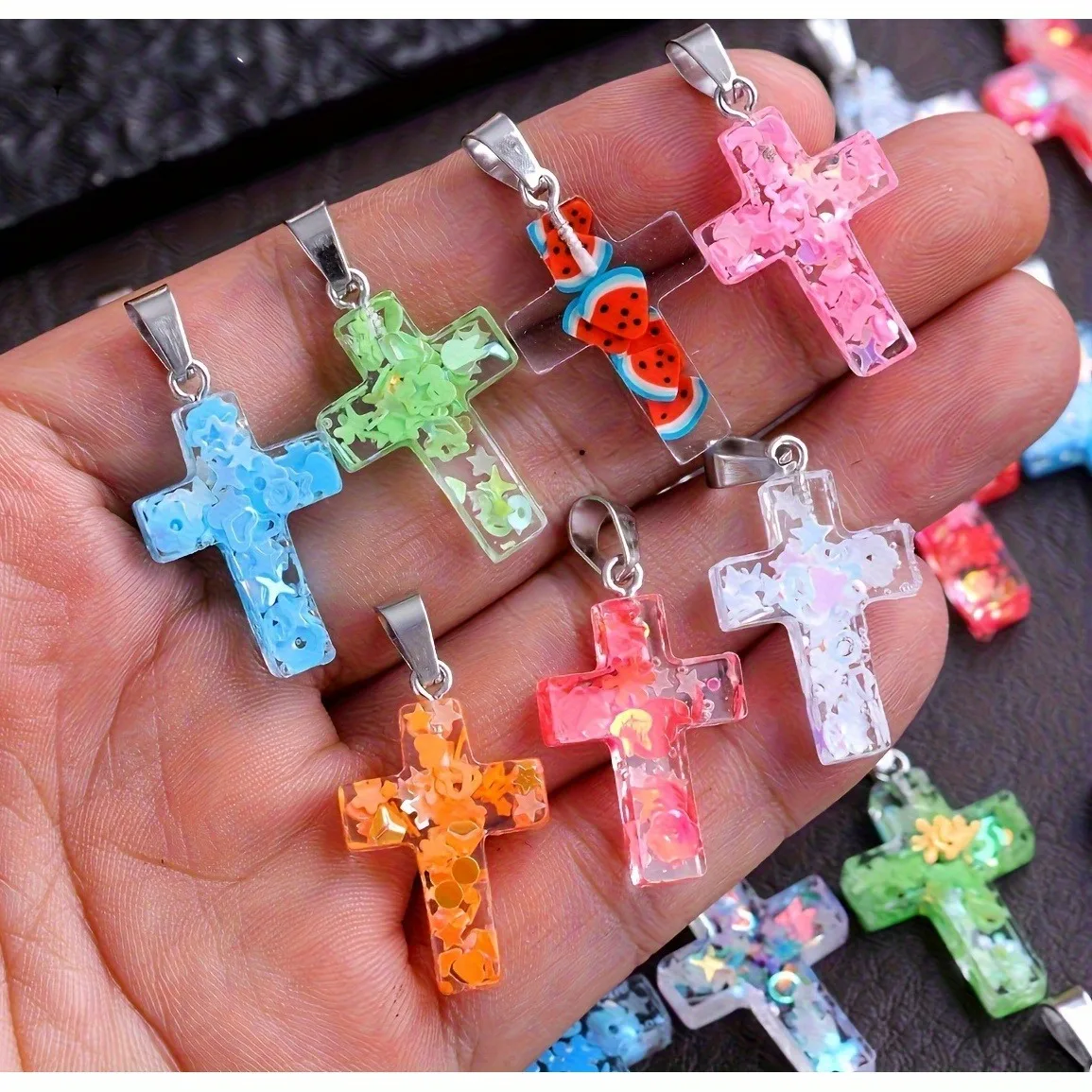 15pcs Glitter Resin Cross Pendant, for Women's Party Favors, Wedding Carnival Decorations, DIY Necklaces, Earrings, Keychains