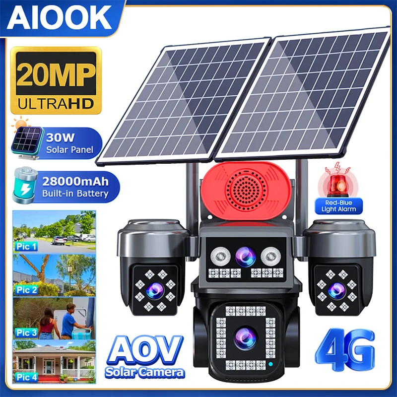 

AIOOK 4G Solar Camera 4-Lens 20MP 30W Solar Panels 28000mAh Battery Color/Night Vision IP CCTV IP66 Waterproof, AOV Solar Camera