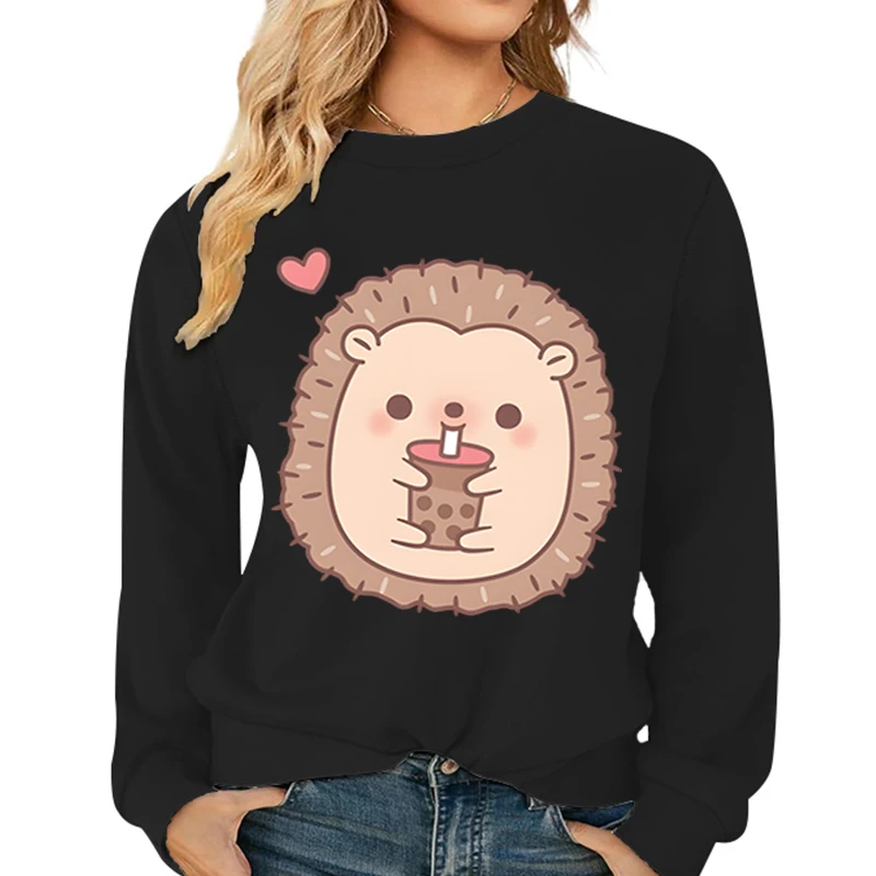 Autumn Winter Cartoon Women Sweatshirts Hedgehog Bobo Tea Print Hoody Warm Crewneck Pullover Cute Animal Hedgehog Female Hoodies