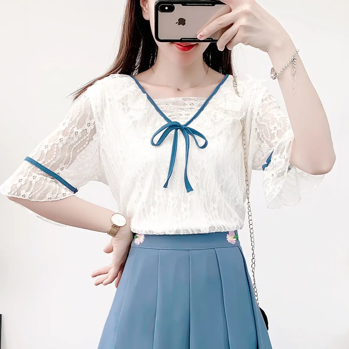 

Spring/Summer Lace Shirt Women Blouses Fashion Patchwork V-neck Bow Short Sleeve Hollow Elegant Work Shirt