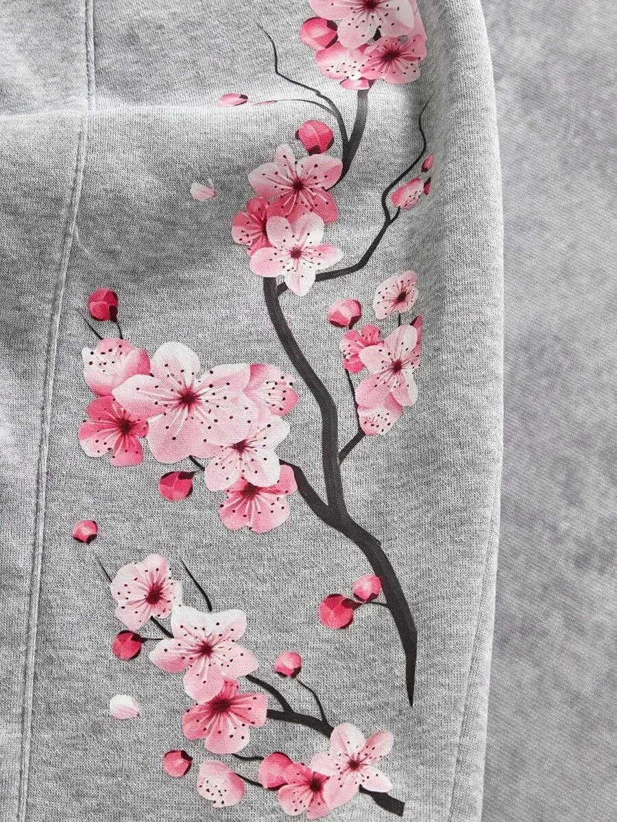 

Grey Heather Pink Cherry Blossom Print Sweatpants Men Loose Wide Leg Drawstring Waist Casual Joggers