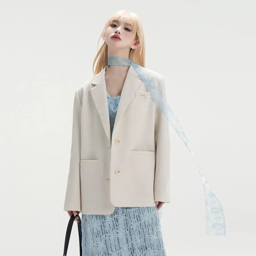 Insozkdg أوائل الربيع بدلة على الموضة الجديدة معطف المرأة بلايز الحلو عودة تعادل القوس تصميم جوفاء فضفاض سترات غير رسمية النساء الملابس