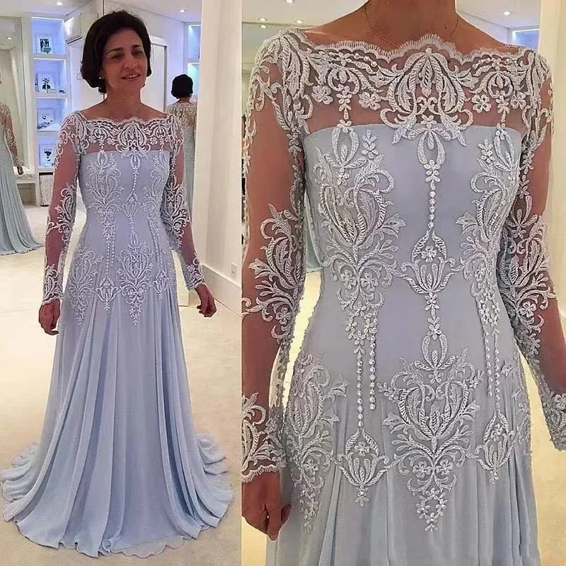 

Customized Mother Of The Bride Dresses A-Line Long Sleeves Chiffon Lace Applique Long CustomizedMother Dresses For Wedding