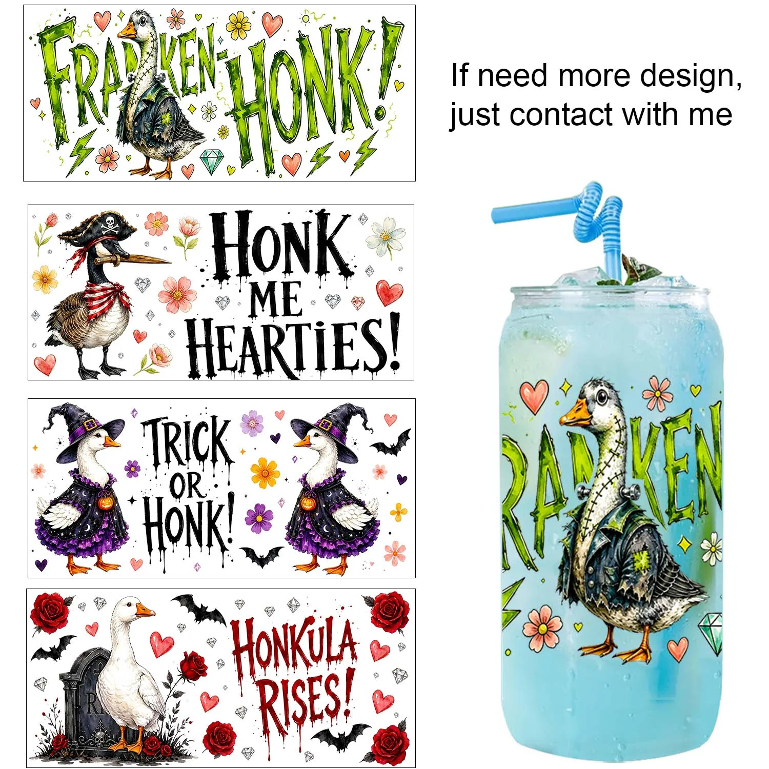 Halloween Funny Goose Theme Rub on Uvdtf Sticker waterproof DIY Decals 3D transfers uvdtf tumbler stickers 16oz uv dtf cup wraps