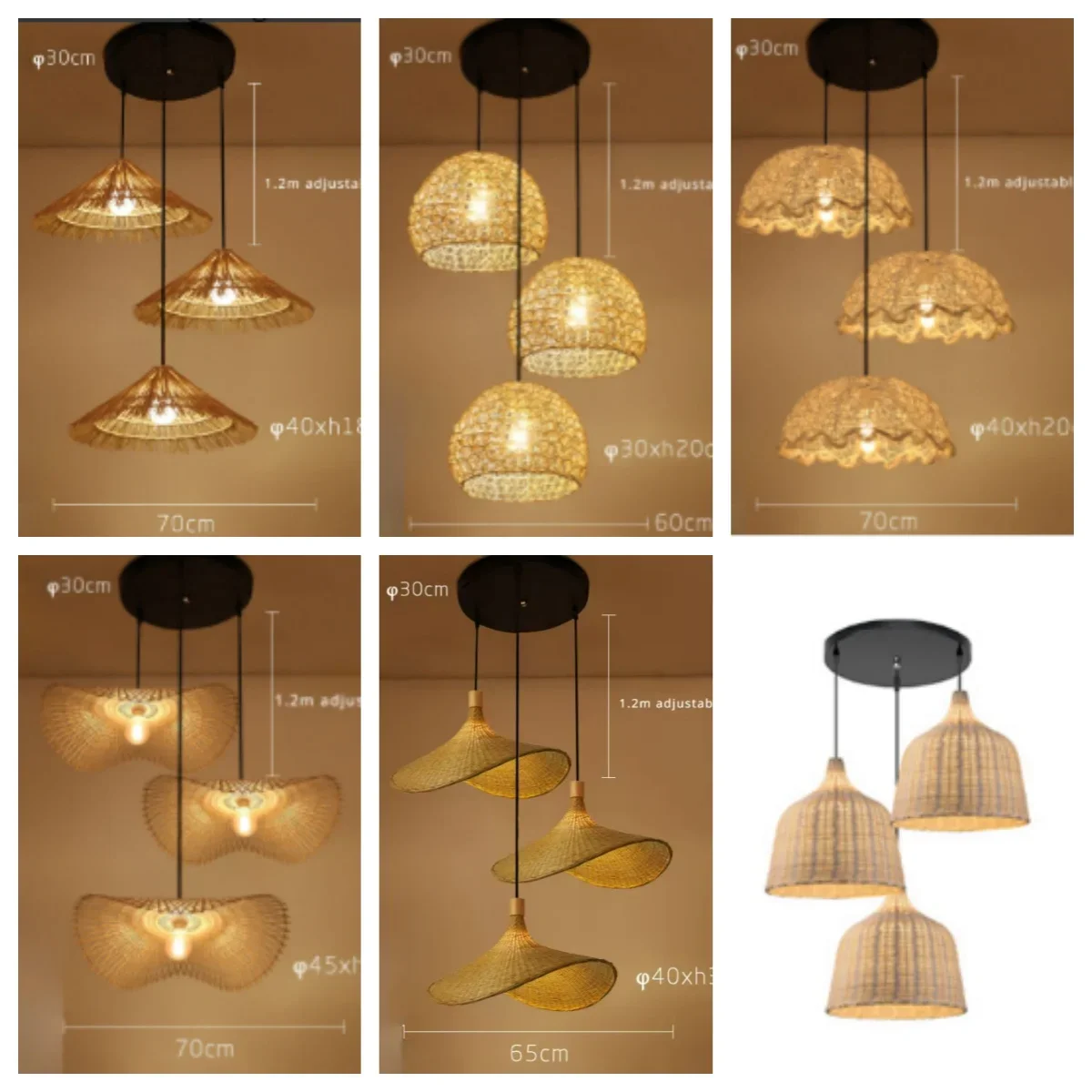 3 Heads Chinese Style Pendant Light Handmade Bamboo Hanging Rattan Lamps Pendant Bamboo Weaving Rattan Lampshade for Home Decor