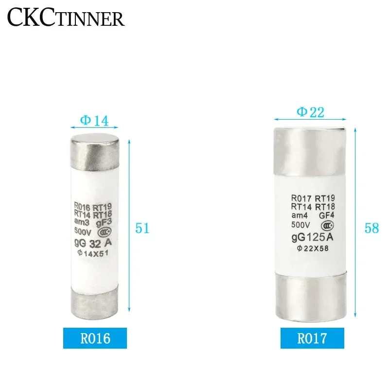 5Pcs 14*51mm(RO16)   22*58mm(RO17) Fast blow Ceramic Fuse  500V RO16-32 40 50 63A RO17-40 50 63 80 100 125A RT18  Base