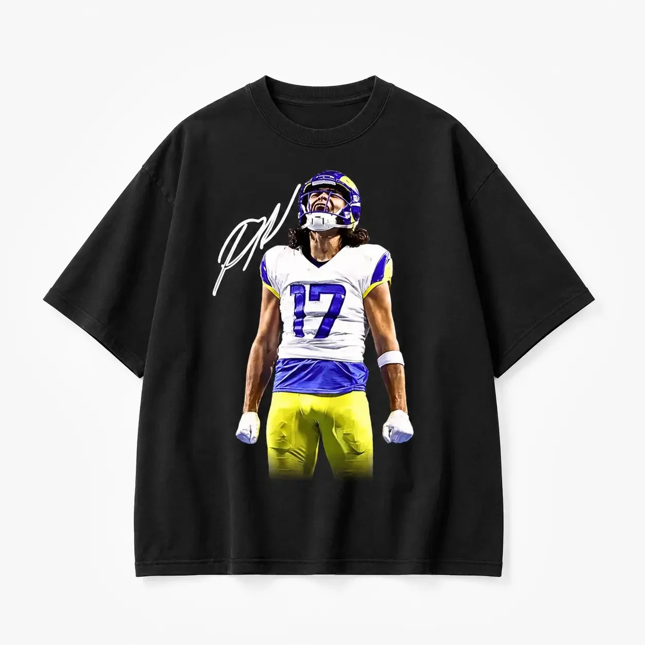 Number 17 Football Player Portrait Signature Printed Tee, Black Vintage Casual Short Sleeve T-Shirt, Gift For Men Women Football Fans