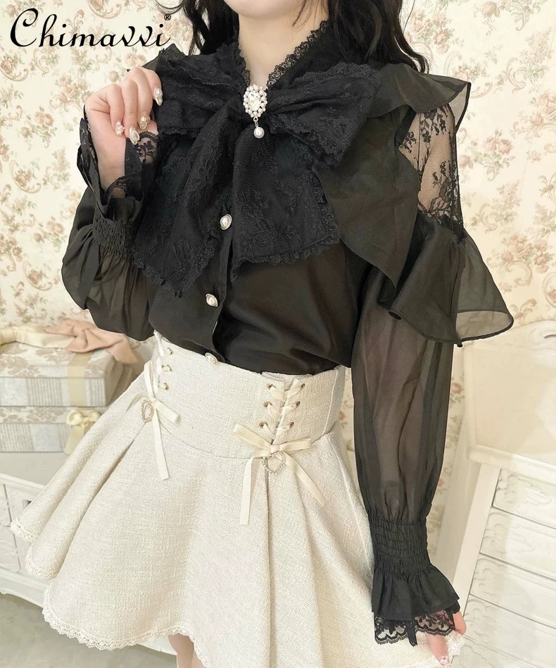 

Fairy Sweet Girls Cute Bowknot Print Shirt New 2025 Autumn Fashion Long Sleeve Elegant Princess Blouse Lolita Y2k Women Tops
