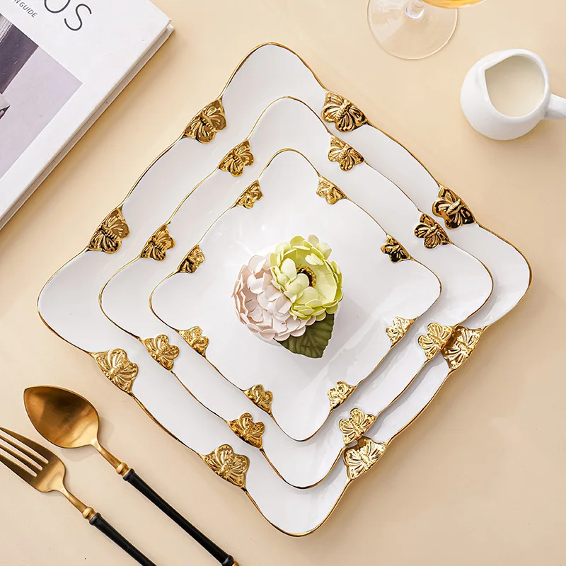 

Luxury Butterfly Gold Rimmed Dinner Plate Home Dessert Ceramic Square Service Plate Storage Tray Table Decoration Crockery