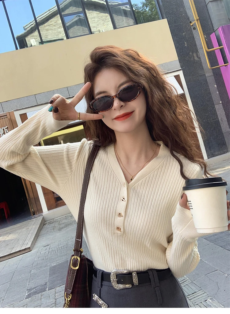 

Шикарный утягивающий многослойный топ с v-образным вырезом, женский твидовый стиль, свитер во французском вязки, новый весенний мягкий элегантный универсальный пуловер с длинными рукавами