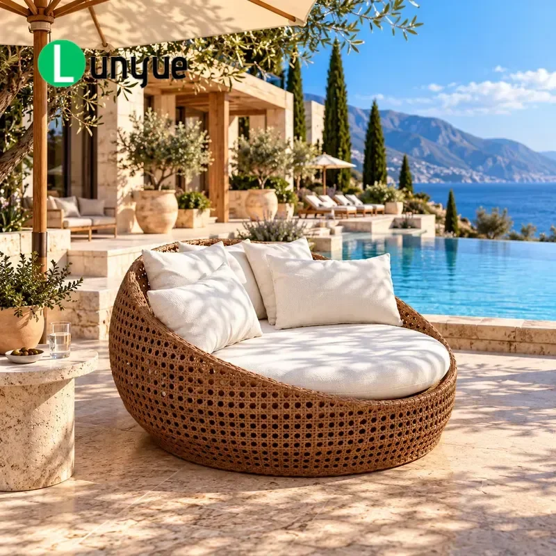 Custom Aluminum PE Rattan Round Bed UV Protection Outdoor Sunbed for Resort Villa Poolside Furniture Durable Weatherproof