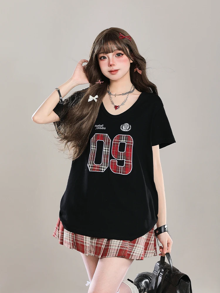 American Retro Millennium Sports Style Short Sleeve T-Shirt Women Summer Slimming Loose Shoulder Angle Hot Girl Top