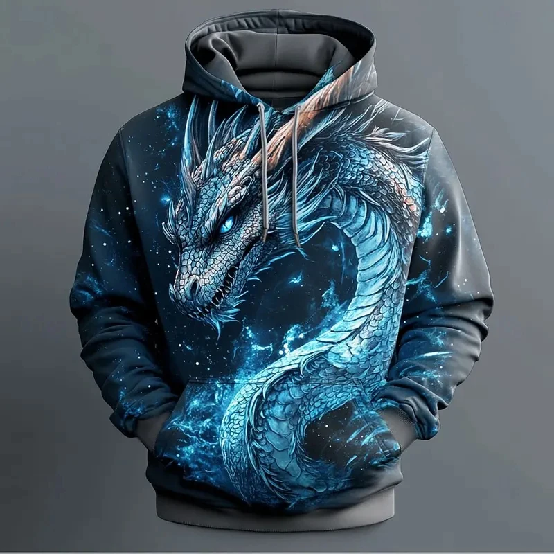 Retro Dragon Pattern Men's Hoodies 3D Print Creative Design Long Sleeve Casual Pullover Fashion Cool Oversize Breathable Clothes