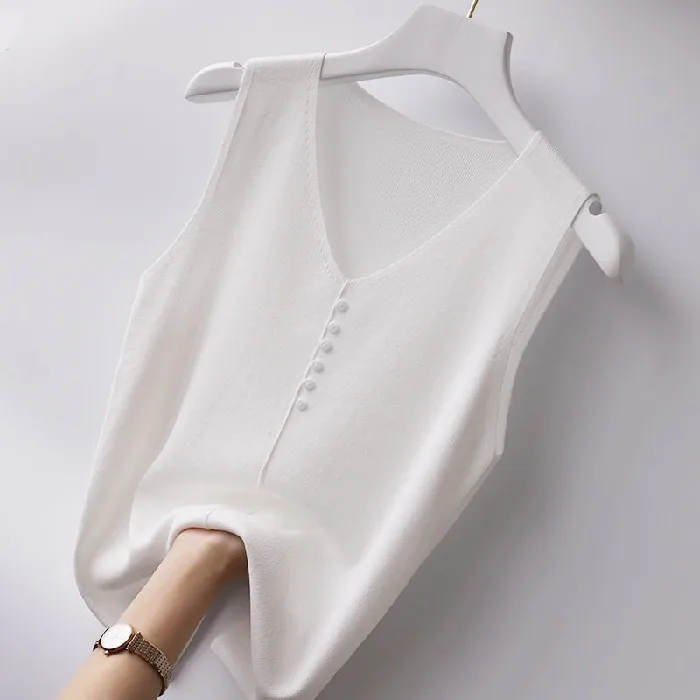 Woman's Tshirts Superior Quality spring/summer Sleeveless Solid Color V Neck Buttons Sale Ladies Tops Dropshipping AYX109