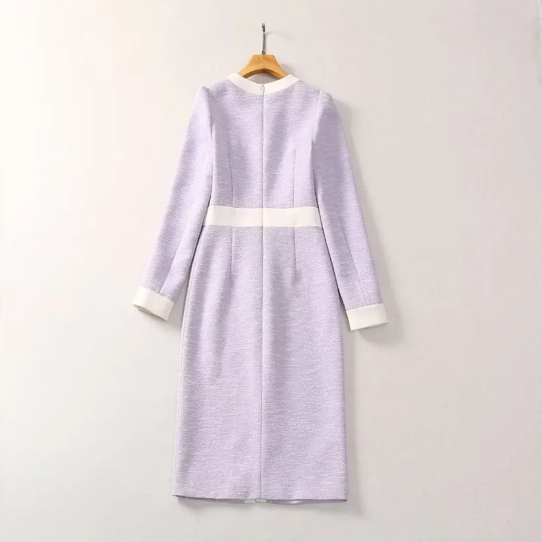 كيت ميدلتون الخريف الساخن بيع الموسم المرأة جولة الرقبة طويلة الأكمام الأرجواني فستان صوفي زر الديكور ثوب سيدة