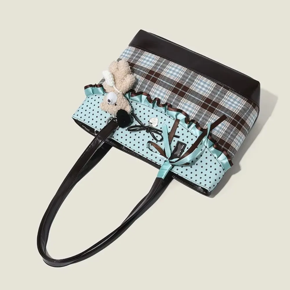 Mint Green Canvas Tote Bag Plaid Pattern Polka Dot Design Handbag Shoulder Bag Chocolate Color Bow Lace Plaid Tote Bag