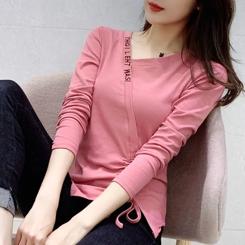 

2023 Spring Autumn New Women's Pullover Solid Color Irregular Drawstring Long Sleeved V-neck T-shirt All-match Slim Bottom Tops